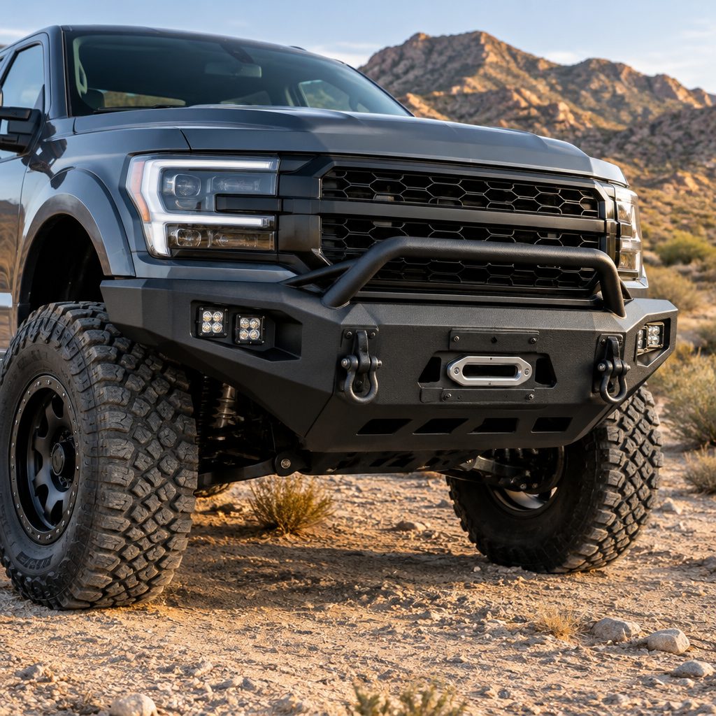Steel winch bumper on a lifted truck