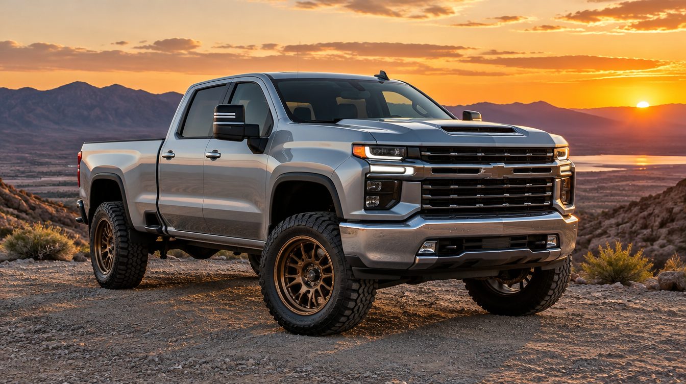 Leveled Silverado HD at sunset
