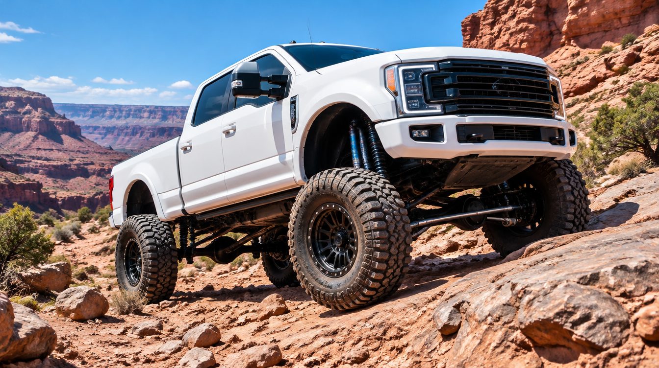 Lifted Ford Super Duty on a rocky trail