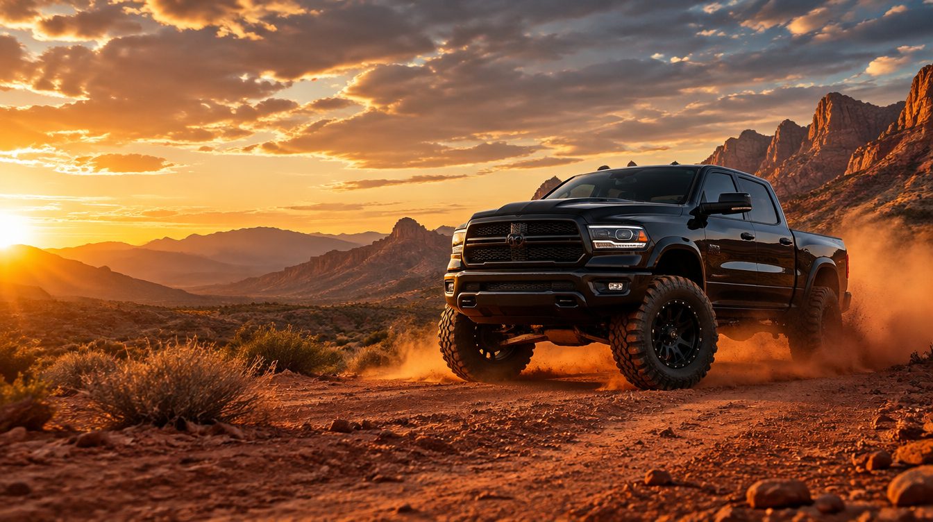 Lifted black RAM 1500 kicking up red dust on a desert trail at sunset