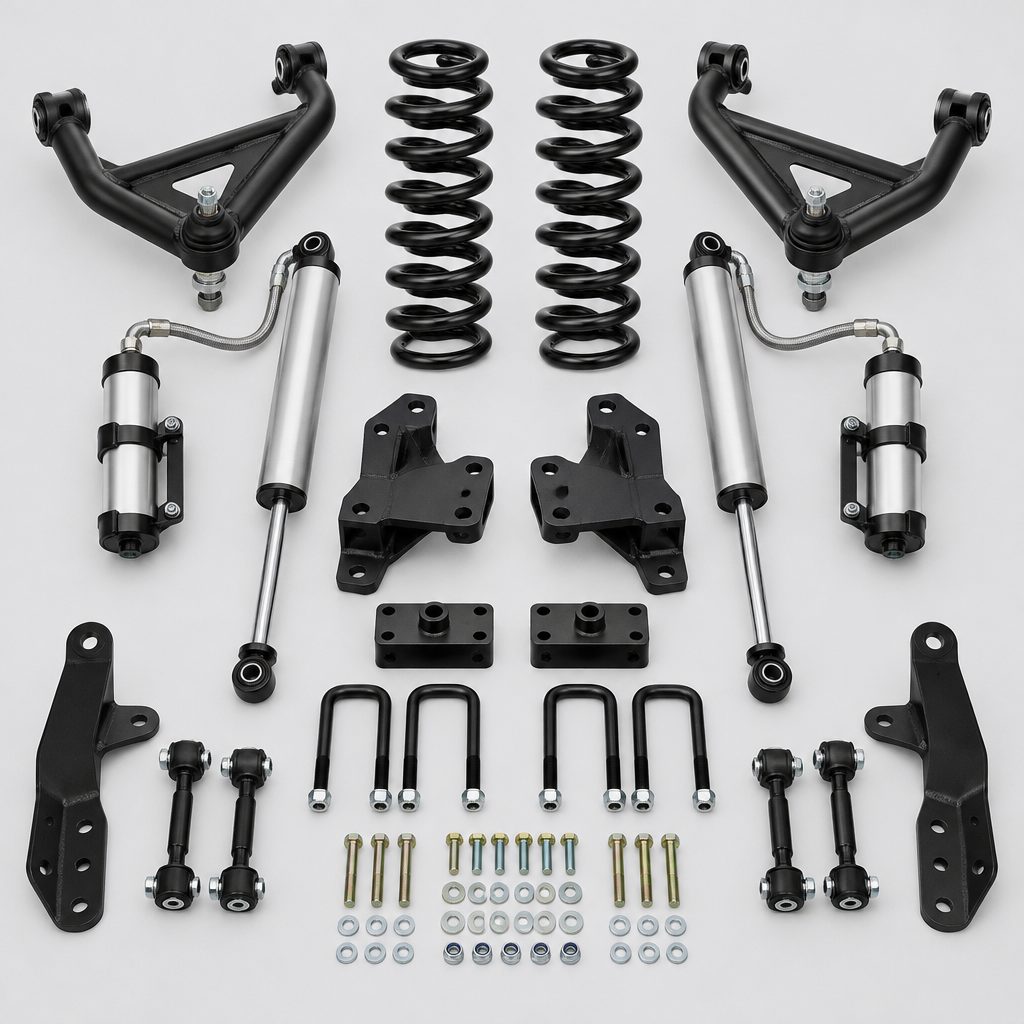 6 inch lift kit components: control arms, remote-reservoir shocks, coil springs and hardware