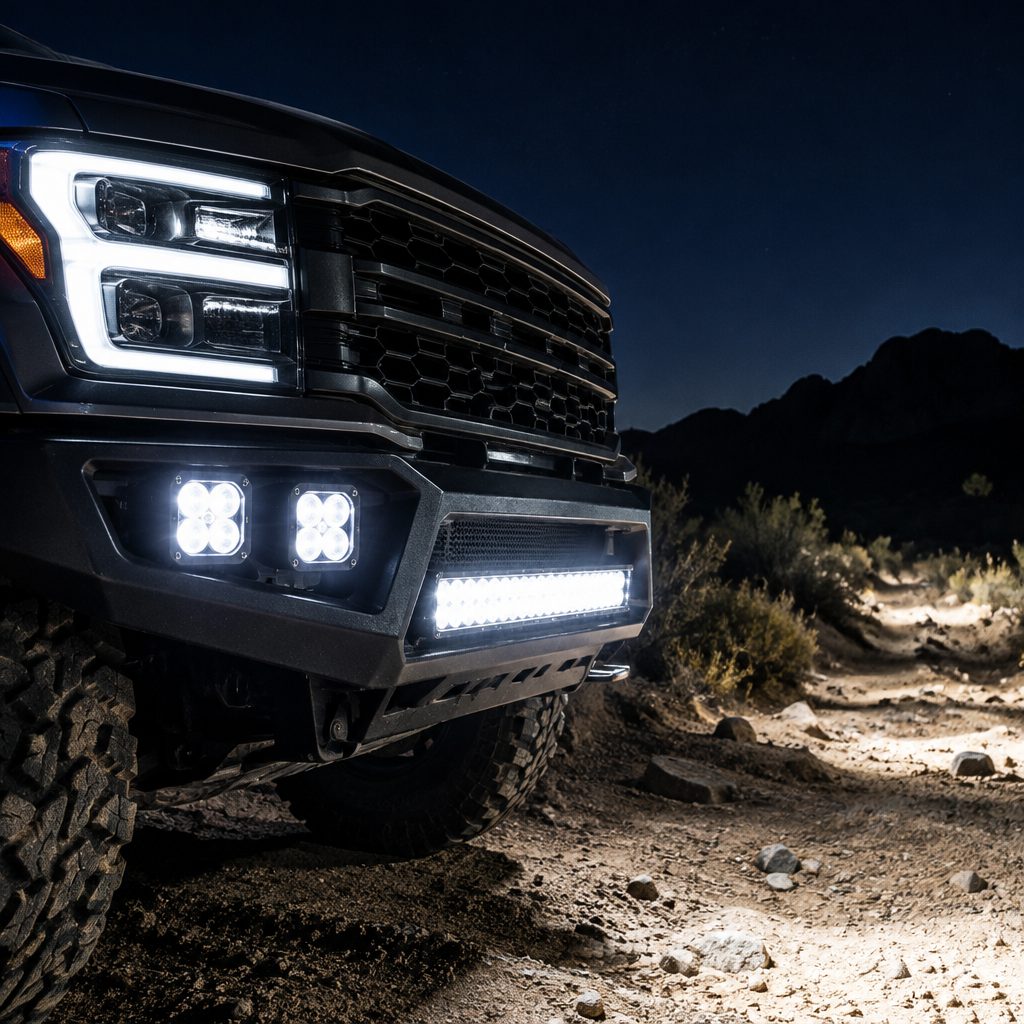 Truck with LED pods lighting a desert trail at night