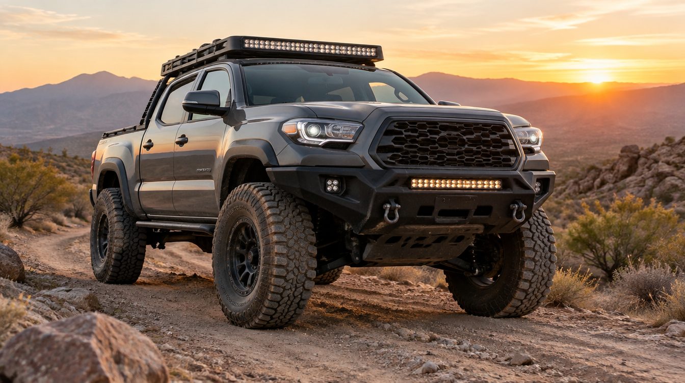 Lifted Toyota Tacoma on a dusty trail