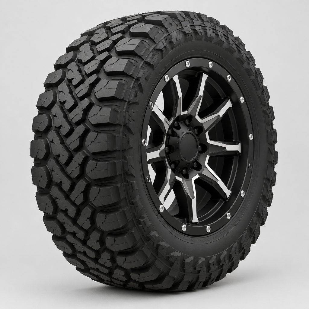 Black machined off-road wheel on a mud-terrain tire